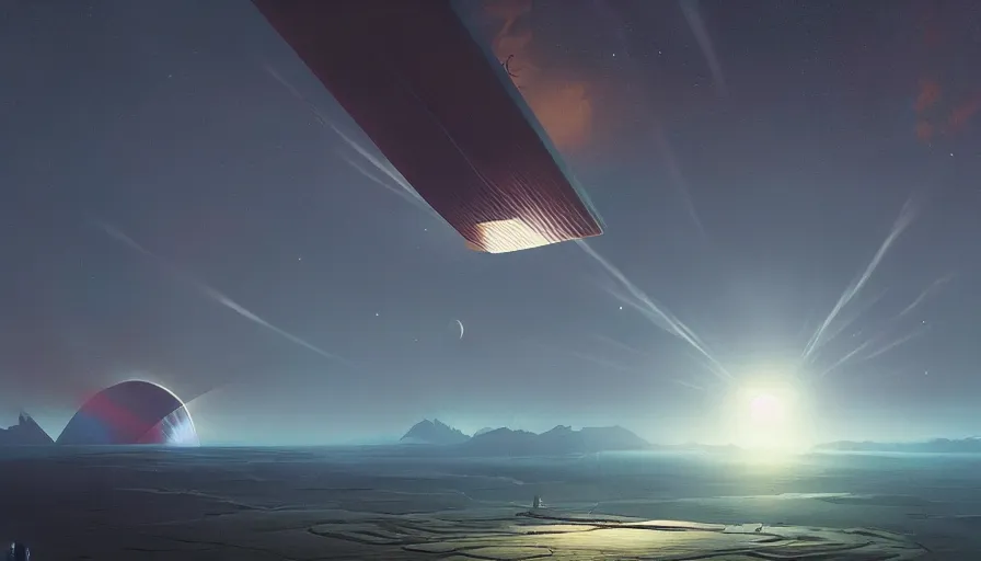 Prompt: sun hidden behind solar sail, seen from space, planet earth below, simon stalenhag