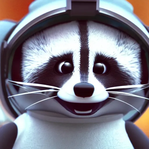 Image similar to 2 8 mm macro photo of furry cute baby raccoon astronaut by disney, pixar, octane, hyper detailed,