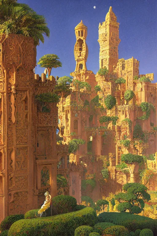 Image similar to ancient carved tower of the moon in its gardens fairytale illustration, elaborate latticed balconies, tall windows, moorish architecture, formal gardens, dramatic cinematic lighting, soft colors, golden age illustrator, unreal engine, by Ludwig Deutsch and Andreas Rocha and (Maxfield Parrish and Nicholas Roerich)