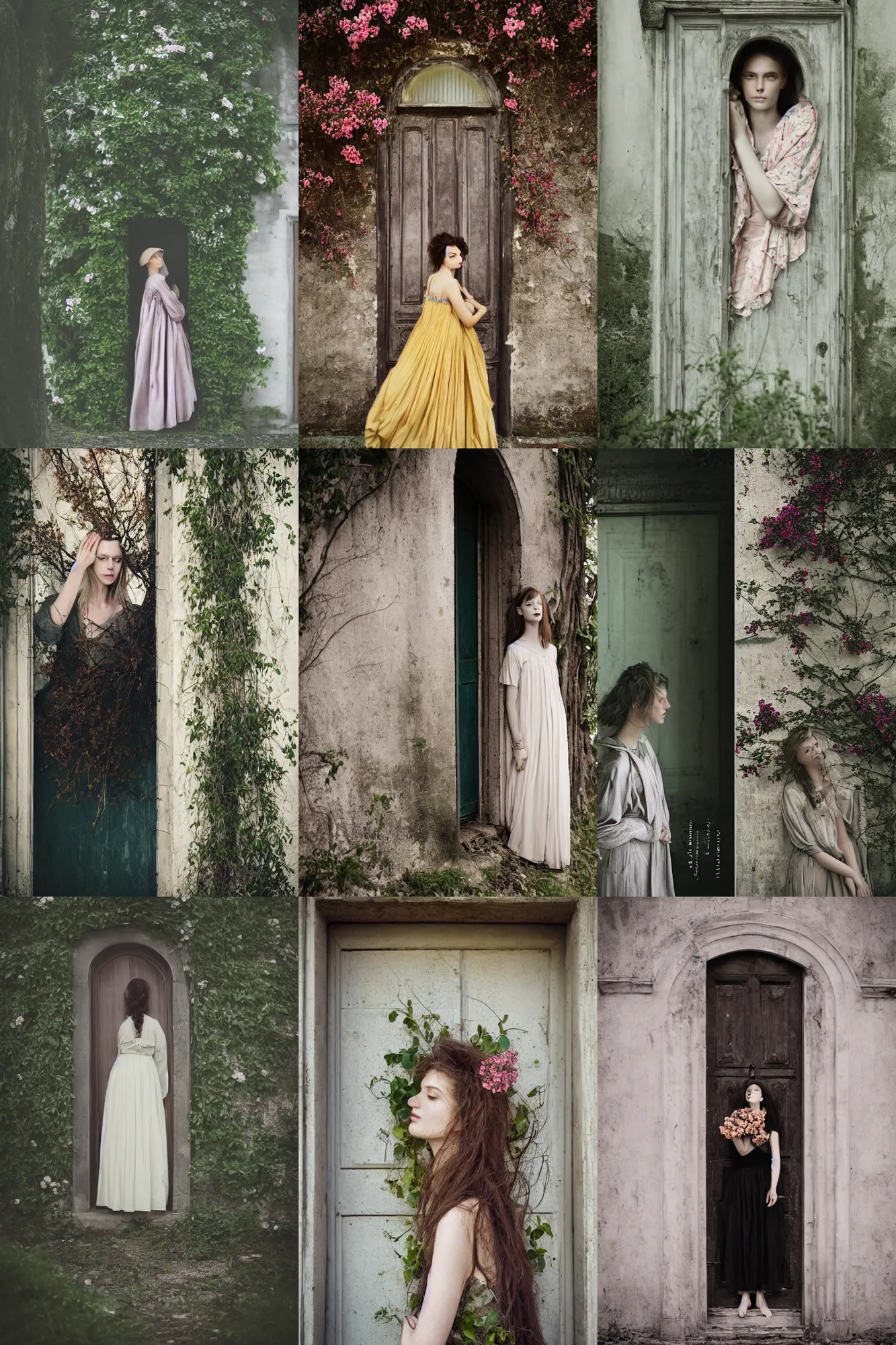 Prompt: a beautiful portrait photography of a female by monia merlo, fashion, romanticism, flowers, modern. model, trees, door.