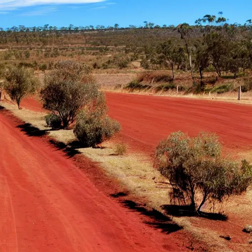 Prompt: small australian country town red dirt wind