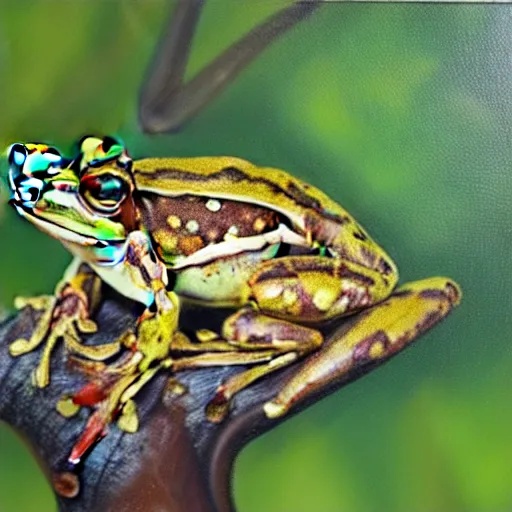 Image similar to beautiful oil painting of common frog sitting on a tree, day light, sunlight swamp, award - winning, matte,