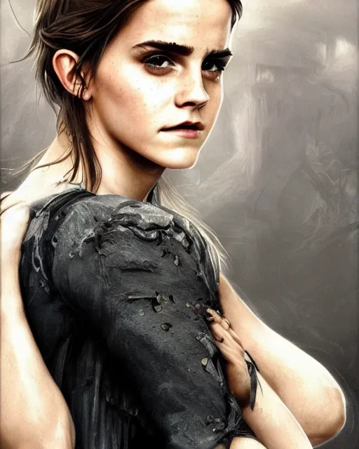 Prompt: clear portrait of emma watson, spirited appearance, ripped clothing, looking her shoulder, wearing the one ring of sauron, background hyper detailed, character concept, full body, dynamic pose, intricate, elegant, highly detailed, digital painting, artstation, concept art, smooth, sharp focus, illustration, art by artgerm and greg rutkowski and alphonse mucha