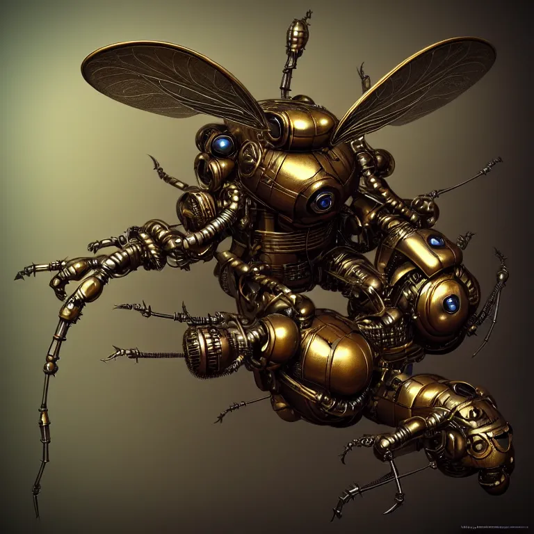 Image similar to steampunk robot hornet, 3 d model, unreal engine realistic render, 8 k, micro detail, intricate, elegant, highly detailed, centered, digital painting, artstation, smooth, sharp focus, illustration, artgerm, tomasz alen kopera, wlop