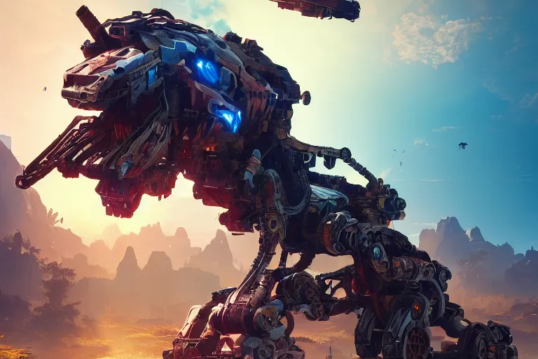 Image similar to scrapper machine mecanical creature robot of horizon forbidden west horizon zero dawn radiating a glowing aura global illumination ray tracing hdr fanart arstation by ian pesty and alena aenami artworks in 4 k