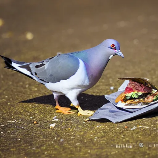 Prompt: a pigeon eating a sandwich, wildlife photography, pigeon bird
