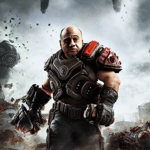 Image similar to danny devito danny devito in gears of war, splash art, movie still, detailed face, photorealistic facial features, cinematic lighting, dramatic, octane render, long lens, shallow depth of field, bokeh, anamorphic lens flare, 8 k, hyper detailed, 3 5 mm film grain