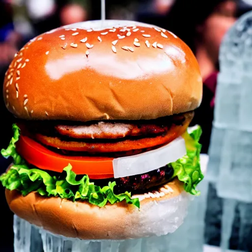 Image similar to a clear ice sculpture of a burger made entirely of ice, 4 k