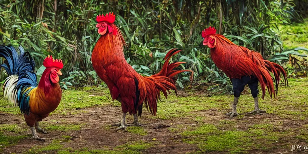 Prompt: two roosters fighting in a dense jungle, mix of styles, angry, aggressive, blood, battle