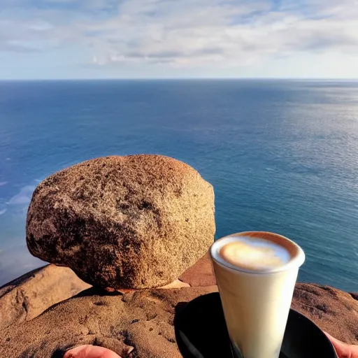 Prompt: a latte on a rock, at the edge of a cliff, with magma surrounding