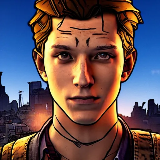 Image similar to tom holland portrait, borderlands, tales from the borderlands, the wolf among us, comic, cinematic lighting, studio quality, 8 k