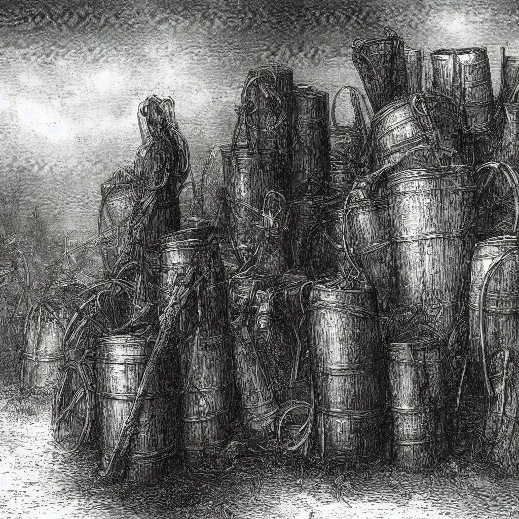 Prompt: steel barrels in a graveyard, creepy atmosphere, dark, portrait, realistic, very realistic, illustration by gustave dore