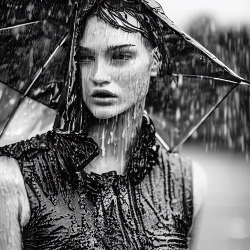 Image similar to close up of face of a wet fashion model in luxury dress, heavy rain, dramatic lighting, official dior editorial, highly detailed