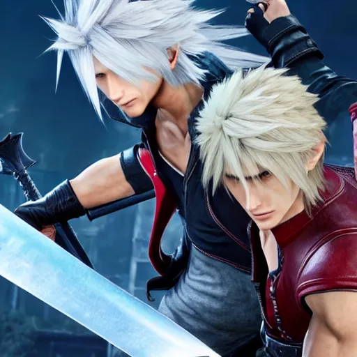 Image similar to Dante from Devil May Cry 5 and Cloud Strife from Final Fantasy VII Remake fighting with their swords, fantasy, shot on iphone, hyperrealism 8k,