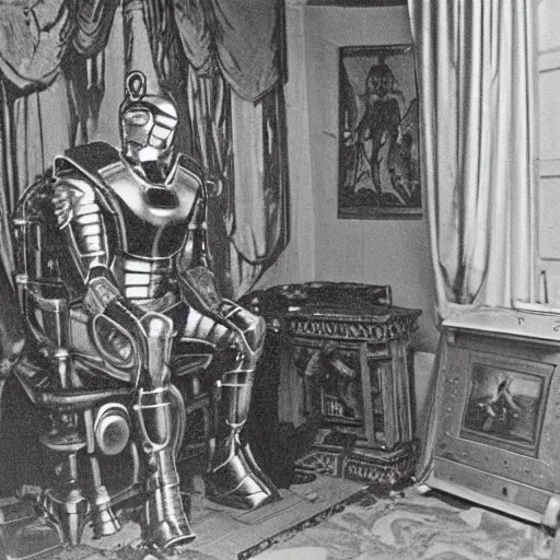 Image similar to ivan the terrible in his chamber in moscow in front of icon of iron man, polaroid, photo, high detail, wide lens,