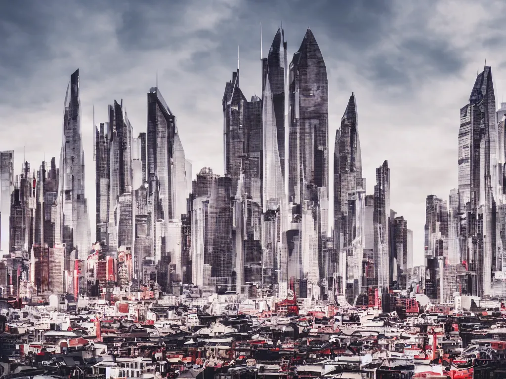 Prompt: the skyline of a futuristic city with victorian architectural influences, white with red accents, 4 k photograph