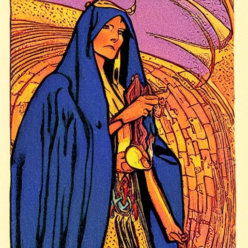 Prompt: “ a print of the high priestess tarot card, in the style of jean giraud, highly detailed ”