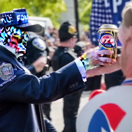 Image similar to donald trump handing a can of pepsi to a police officer during a riot