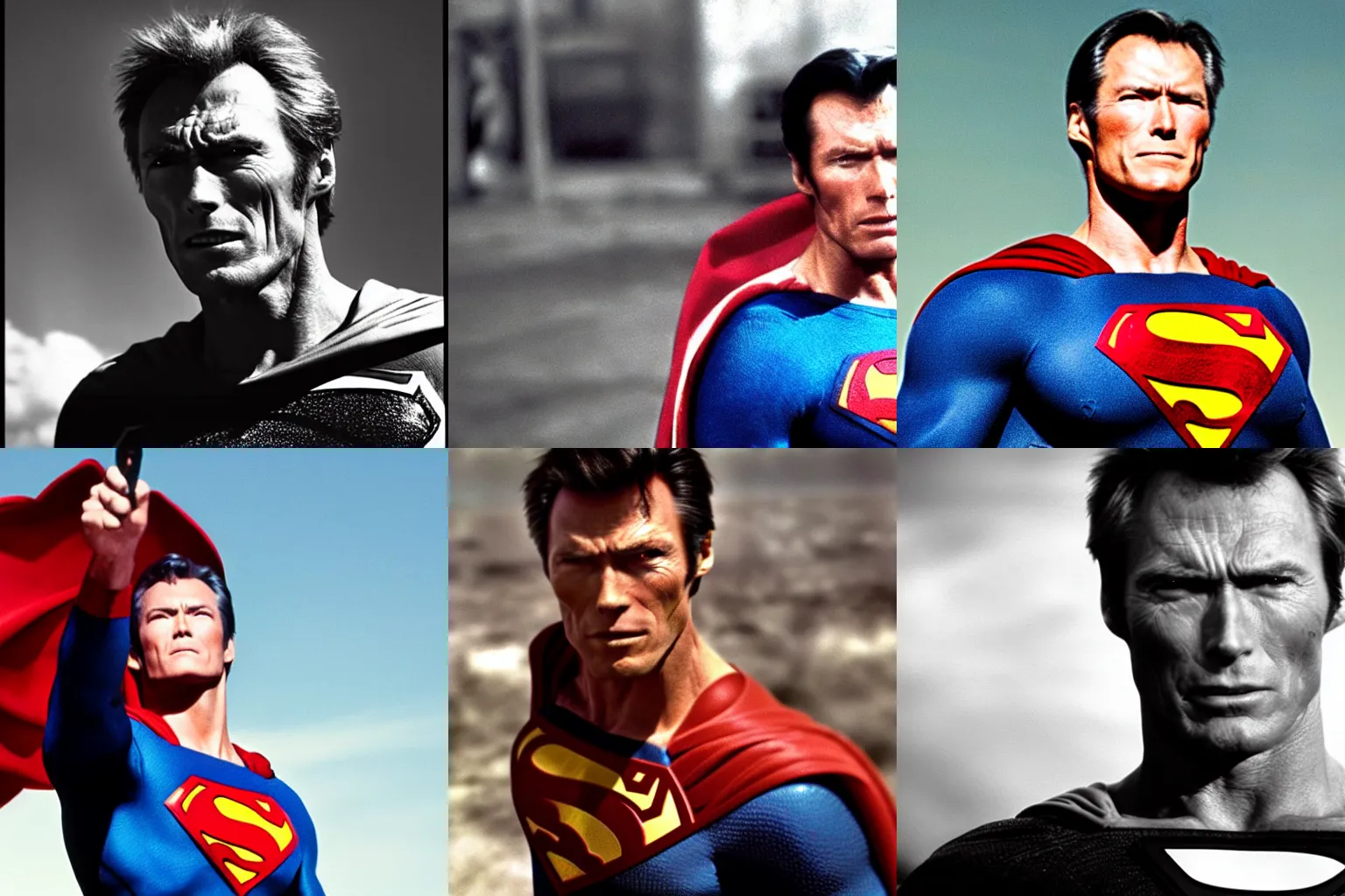 Prompt: A medium shot of Clint Eastwood as Superman, shallow depth of field