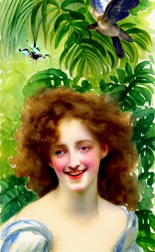 Image similar to the face of a young woman with marble complexion, angelic features, dancing curls around her face, her head raised in rapture, laughing, symmetrical eyes, watercolor by john singer sargent, background lush vegetation, insects and birds, 8 k uhd