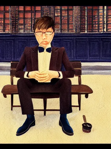 Prompt: water color painting, artwork by wes anderson, of a solo individual portrait of a guy waiting for his date to come, dapper, simple illustration, nostalgic, very realistic, full of details, trending on artstation