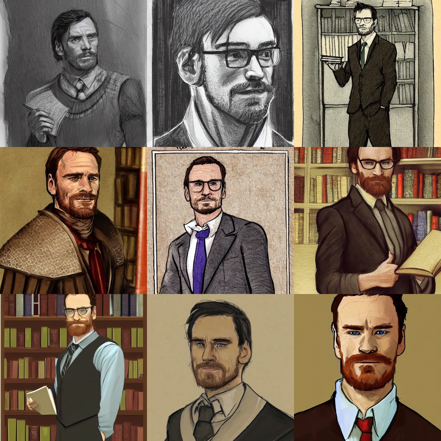 Prompt: Detailed Portrait of a young Michael Fassbender as a college professor with a cleanly trimmed goatee, Medieval ages, wearing a vest and a tie, standing in front of a bookshelf in his classroom, wearing reading glasses, concept art, Dungeons & Dragons