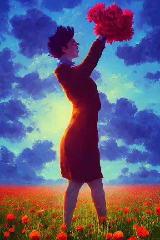 Image similar to closeup, giant flower head, girl in suit jumping in field of flowers, surreal photography, sunrise, blue sky, dramatic light, impressionist painting, digital painting, artstation, simon stalenhag