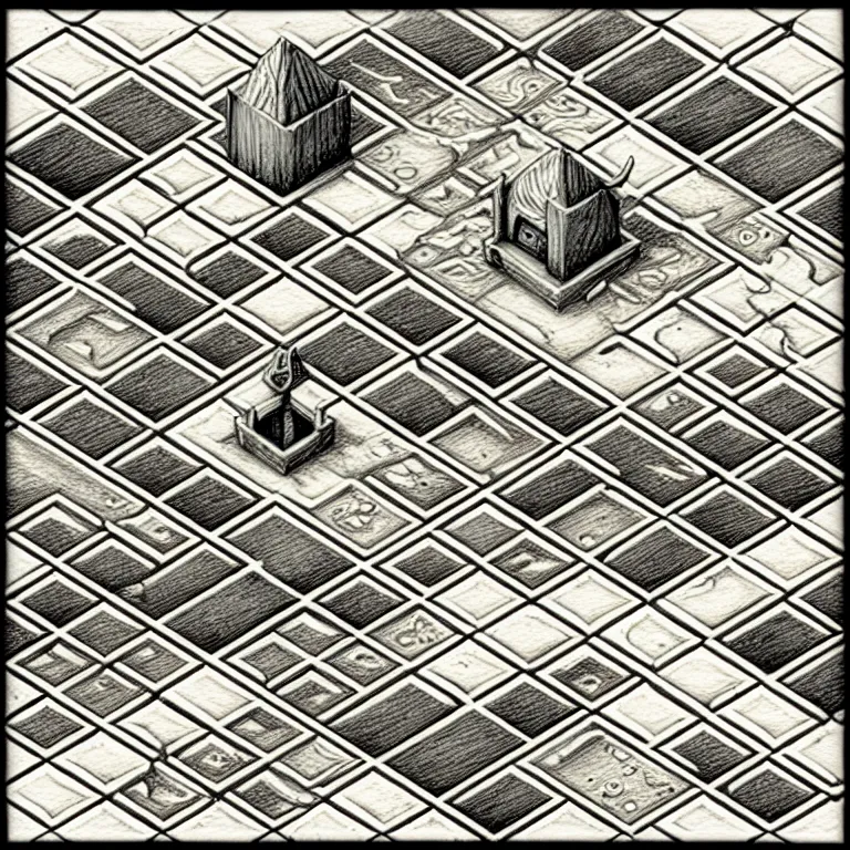 Image similar to an absurdly-detailed isometric fantasy scene pencil drawing as a fancy square tile