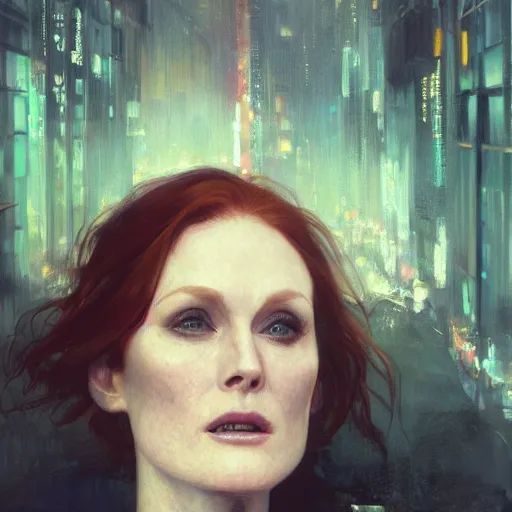 Prompt: julianne moore, hyperrealistic portrait, bladerunner street, art of elysium by jeremy mann and alphonse mucha, fantasy art, photo realistic, dynamic lighting, artstation, poster, volumetric lighting, very detailed face, 4 k, award winning