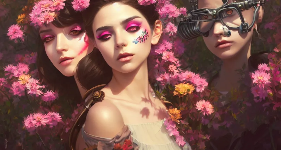 Image similar to a girl with makeup, cosmetics, face paint, clothed in flowers behind a steampunk city, night setting. realistic shaded lighting poster by ilya kuvshinov katsuhiro, magali villeneuve, artgerm, jeremy lipkin and michael garmash, rob rey and kentaro miura style, trending on art station