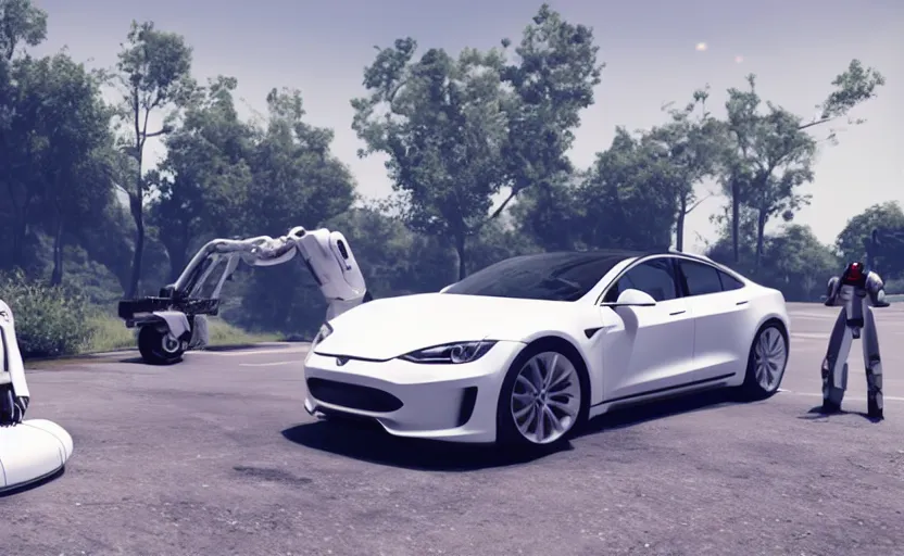 Prompt: elon musk driving a car with a white robot sitting besides him, unreal engine, 4k, 8k