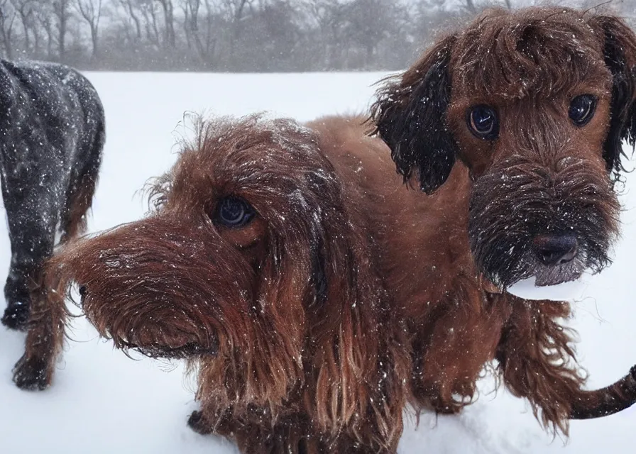 Image similar to Giant woolly dachshund with tusks, in the middle of a snow storm