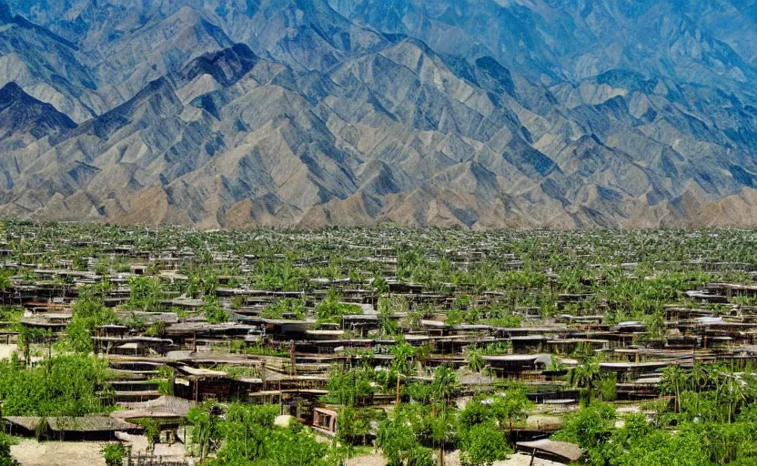 Image similar to green lush city with various trees and wooden buildings made from bamboo, built in death valley