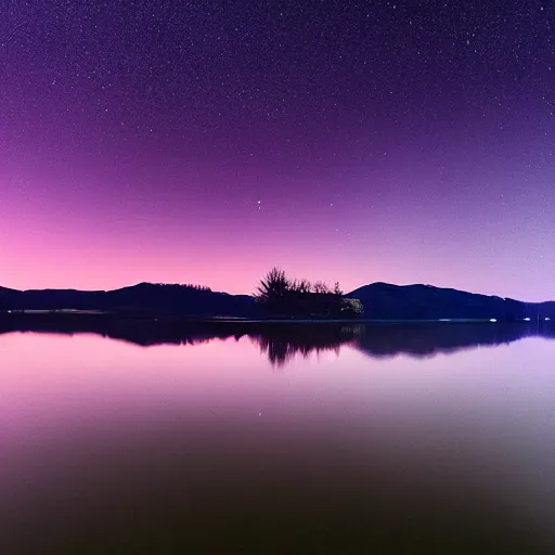 Image similar to Stunning 4K night photograph of a lake covered in purple mist.