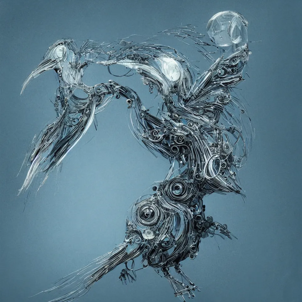 Image similar to beautiful artistic - wave highly detailed robotic bird, with head phones, digital painting, digital art, beautiful, cinematic, 4 k, ultra hd, art by ben templesmith, dynamic lighting, gradient light blue, blonde cream and white color scheme, grunge aesthetic