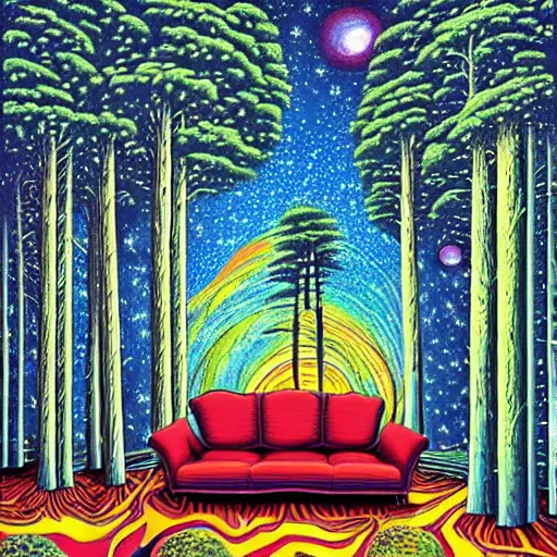 Prompt: psychedelic trippy eye pine forest, planets, milky way, sofa, cartoon by rob gonsalves