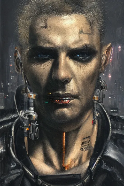 Image similar to illustration of an male cyberpunk character wearing bionic implants, criminal mugshot, solid black background, mugshot, mugshot, gritty, gritty, highly detailed, oil on canvas, soft lighting, muted, pastel colors, by WLOP and Greg Staples, HD, 4K