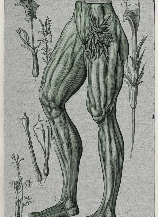 Image similar to fantasy scientific botanical illustration of a green tall plant walking around with human legs