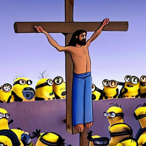 Prompt: jesus christ being crucified by minions