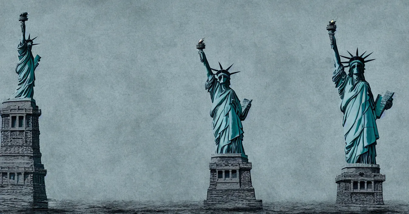 Image similar to imagination of the statue of liberty broke free from its pedestal and jumped into the water, realistic digital art, composition