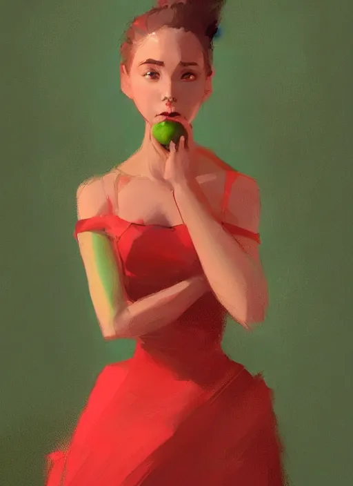 Image similar to a digital painting of a beautiful humanoid female green apple wearing a red dress, by netter, style from greg rutkowski, beautiful eyes, full frame, oil painting, featured on artstation, concept art, smooth, sharp focus, illustration, very detailed, ambient lighting, unreal engine render, concept art by Atey Ghailan, by Loish, by Bryan Lee O'Malley