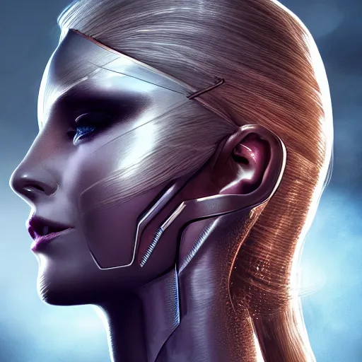 Image similar to panorama of a very pretty blond borg queen on a borg ship, cybernetic implants, perfect face, symmetrical face, moody lighting, shallow depth of field, artstation concept,