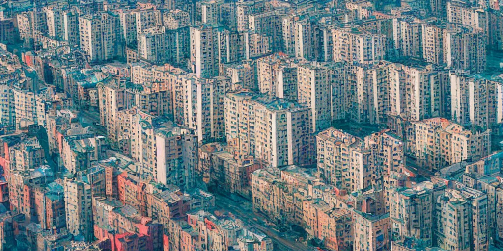Image similar to bird's eye view photograph of a low income highrise geometric Russian city, apartments, train station, avenues. Square with a statue of leader