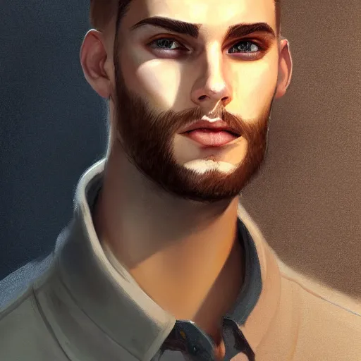 Image similar to tall chunky man in his twenties with brown blond short regular haircut and round facial structure with cleft chin, straight eyebrows, slightly smiling, cheekbones, straight nose, wider face, shadow of beard, atmospheric lighting, painted, intricate, 4 k, highly detailed by charlie bowater