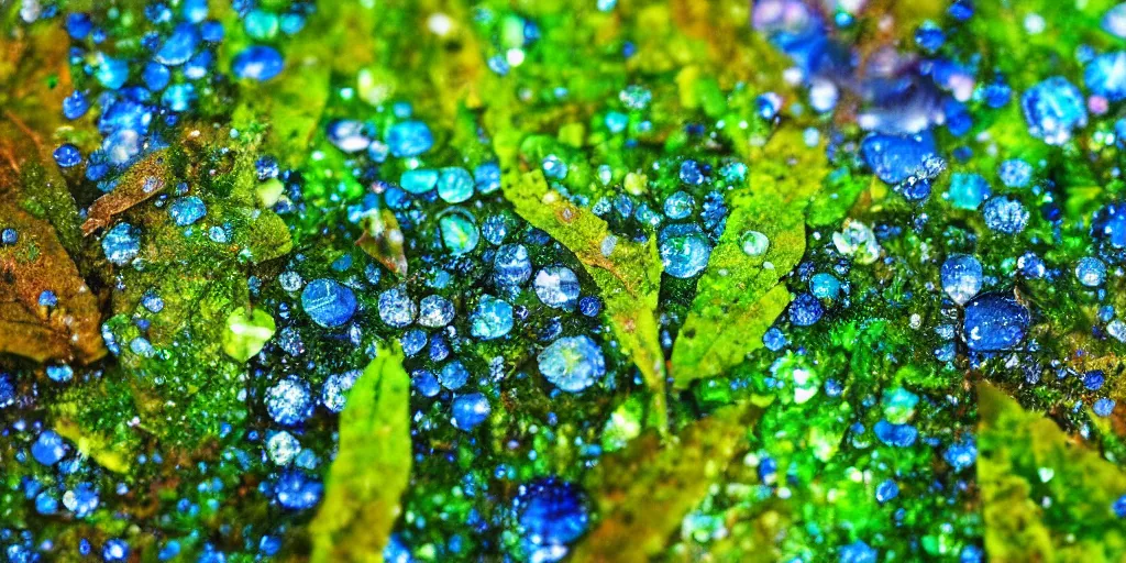 Prompt: close up dark green and blue ferns and moss, droplets of crystal clear water on the leaves, rays of sunlight coming through the clouds after rain, magical fairytale, sparkling particles, colorful dust, glitter shimmering in the light