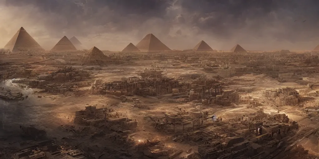 Prompt: beautiful matte painting of a egyptian city port by weta workshop 8 k, cinematic dramatic atmosphere, dramatic lighting