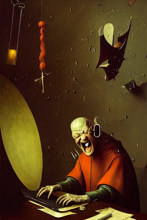 Prompt: hieronymus bosch, greg rutkowski, anna podedworna, painting of the master chief laughing at a laptop