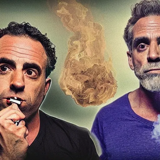 Image similar to “ joe rogan smoking dmt with jordan peterson, vivid, psychedelic, photorealistic ”