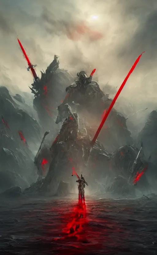 Prompt: a painting of a red sea, a distant armored warrior with a sword in the midground, four large dark figures in the background, cinematic, dramatic, sinister mood, trending on artstation, highly detailed, movie poster, 8 k