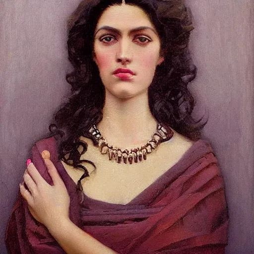 Image similar to a oil painting of a fair skin with dark curly stylised hair queen wearing dress, by frederick william elwell, hans emmenegger, by nicholas roerich, by georgia o keeffe highly detailed, realistic, concept art, jewels, oriental, desaturated